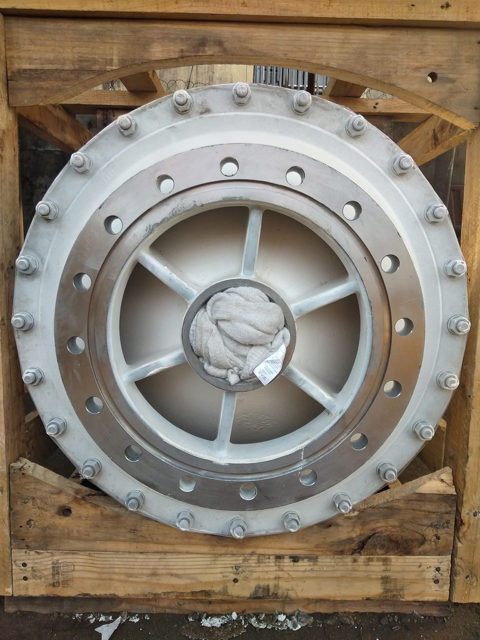 Large industrial impeller in shipping crate